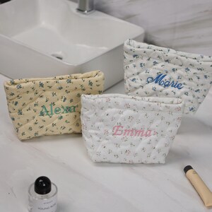 Monogrammed Small Quilted Make Up Bag Floral Makeup Bag Handmade Aesthetic Cosmetic Bag Flower Cosmetic Pouch Quilted CottonTravel Pouch