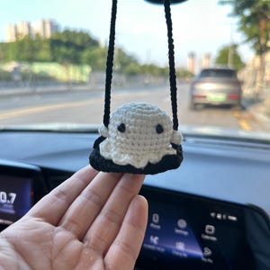 Crochet Plushie ghost on a swing Halloween Rearview Mirror Accessories Decoration, crochet car hanger ghost, Halloween Car Decoration