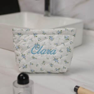 Monogrammed Small Quilted Make Up Bag Floral Makeup Bag Handmade Aesthetic Cosmetic Bag Flower Cosmetic Pouch Quilted CottonTravel Pouch