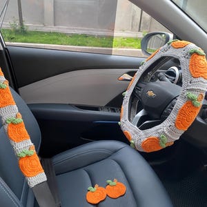 Pumpkin Crochet Steering Wheel Cover,Crochet Seat Belt Cover, Steering Wheel Cover crochet,Women car accessories, Crochet car accessories