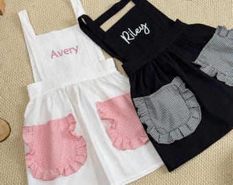 Embroidered Personalized Kids Apron with Ruffle & Pockets - Cotton Pinafore for Toddler Girls|toddler apron|White apron|Black Apron|Yellow