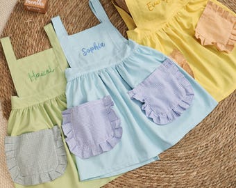Embroidered Personalized Kids Apron with Ruffle & Pockets - Cotton Pinafore for Toddler|apron kid girls yellow apron|Green apron|Black apron