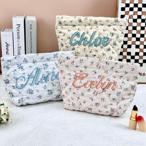 Monogrammed Small Quilted Make Up Bag Floral Makeup Bag Handmade Aesthetic Cosmetic Bag Flower Cosmetic Pouch Quilted CottonTravel Pouch