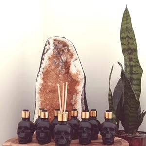 May include: A set of eight black glass skull-shaped bottles with gold lids and a set of wooden diffuser sticks. The bottles are arranged in a row on a wooden surface in front of a large crystal geode.