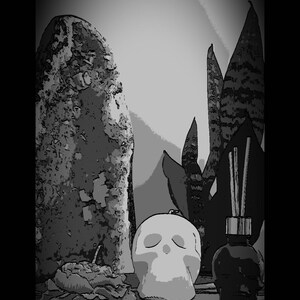 May include: A black and white image of a skull, a plant, and a diffuser bottle. The skull is made of ceramic and has a smooth surface. The plant is a snake plant with long, narrow leaves. The diffuser bottle is made of glass and has a black label. The items are arranged on a wooden surface.