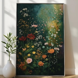 Wildflower Field Framed Wall Art, Vintage Botanical Landscape Sign, Floral Decor, Modern Farmhouse Canvas Art, Field Of Flowers Canvas Print