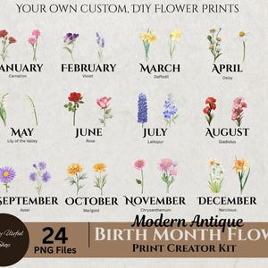 Clipart fleurs mois de naissance, lot PNG et SVG Floral antique, kit de créateur d'impression fleur mois de naissance bricolage, graphique fleur, clipart botanique