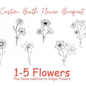 Custom Birth Flower Bouquet, Family Birth Month Tattoo Design, Flower Bouquet Print, Floral Tattoo Design 1-5 Flowers, Minimalist Print Gift