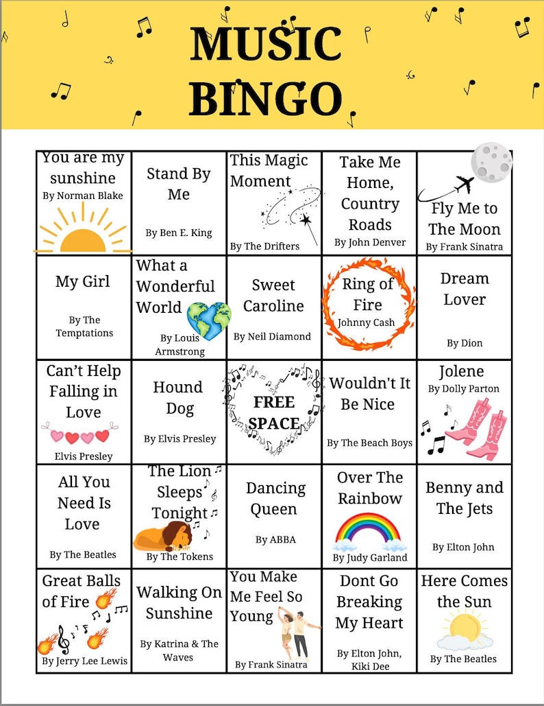 Pu&ograve; includere: Una scheda di bingo gialla e bianca a tema musicale. La scheda ha 25 caselle con titoli di canzoni e i nomi degli artisti. Lo spazio libero &egrave; al centro della scheda. La scheda &egrave; circondata da note musicali.