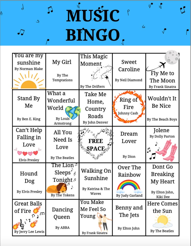Pu&ograve; includere: Una scheda di bingo colorata a tema musicale. Ogni casella presenta il titolo di una canzone popolare e il nome dell'artista. La casella centrale dice "SPAZIO LIBERO".