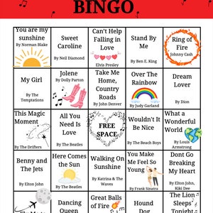Pu&ograve; includere: Una scheda di bingo rossa e bianca a tema musicale. La scheda ha 25 caselle, ognuna con un titolo di canzone e un artista diverso. La casella centrale &egrave; spazio libero. La scheda &egrave; circondata da note musicali.