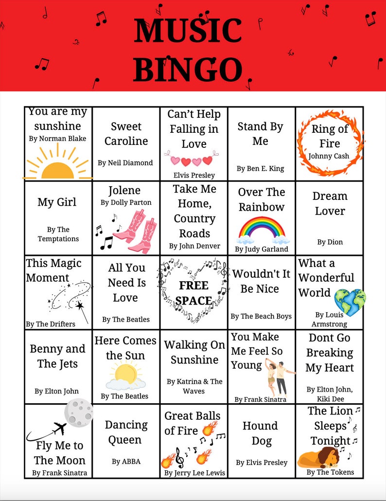 Pu&ograve; includere: Una scheda di bingo rossa e bianca a tema musicale. La scheda ha 25 caselle, ognuna con un titolo di canzone e un artista diverso. La casella centrale &egrave; spazio libero. La scheda &egrave; circondata da note musicali.