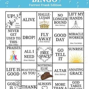 Puede incluir: Una tarjeta de bingo colorida con el título "Music Bingo: Forrest Frank Edition". La tarjeta presenta títulos de canciones de la música de Forrest Frank, incluyendo "Up!" (feat. Connor Price), "Never Get Used To This" (feat. JVKE), "Hallelujah" y "Fly Away" (feat. Hulvey).