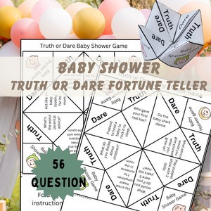 May include: A printable baby shower game with 56 questions. The game is a fortune teller, also known as a cootie catcher or a paper fortune teller. The game is black and white with a baby shower theme. The game is folded to show the instructions for folding the game.