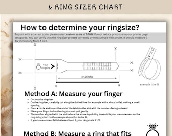 Könnte beinhalten: Eine druckbare Ringgrößentabelle mit Anweisungen zur Messung der Fingergröße. Enthält zwei Methoden: Messung des Fingers direkt und Messung eines passenden Rings. Enthält Ringgrößen von 3 bis 13,5, mit Messungen in Millimetern.