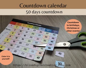 50 days Countdown calendar, countdown coloring page, DIY christmas countdown, countdown holiday, kids countdown, advent calendar, retirement