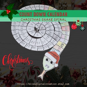 May include: A printable Christmas countdown calendar featuring a snake design with a Santa hat. The snake is curled in a spiral shape with numbers 1 to 70 on its body. The text "COUNT DOWN CALENDAR" and "CHRISTMAS SNAKE SPIRAL" is at the top of the image. The word "Christmas" is written in cursive at the bottom of the image.