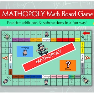Può includere: Un gioco da tavolo verde e rosso chiamato "Mathopoly" con un personaggio dei cartoni animati di Monopoly. Il tabellone di gioco ha spazi per "Chance", "Sfida" e "Start". Il gioco è progettato per aiutare i bambini a esercitarsi con l'addizione e la sottrazione.