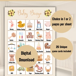 Babyshowerbingo, babybingo, babyshowerspel, bingokaarten, babyshoweractiviteit, afdrukbare babybingo, baby in bloei bingo, baby in bloei