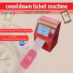 Op de afbeelding: Een rode kartonnen countdown-ticketmachine met een treklipje en een gleuf voor tickets. De machine heeft een digitaal display met de tekst "PULL FOR TICKETS" en een klein hartje met de tekst "TICKET DISPENSER". Een beige ticket met het nummer "14" wordt uit de machine getrokken. Een rood ticket met het nummer "15" ligt op de tafel.