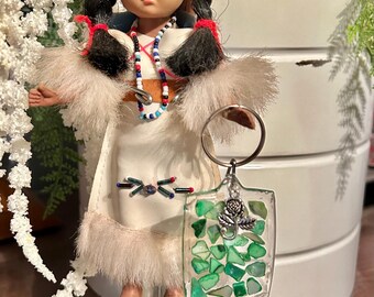 Green Gemstone Keychain with Rose Charm