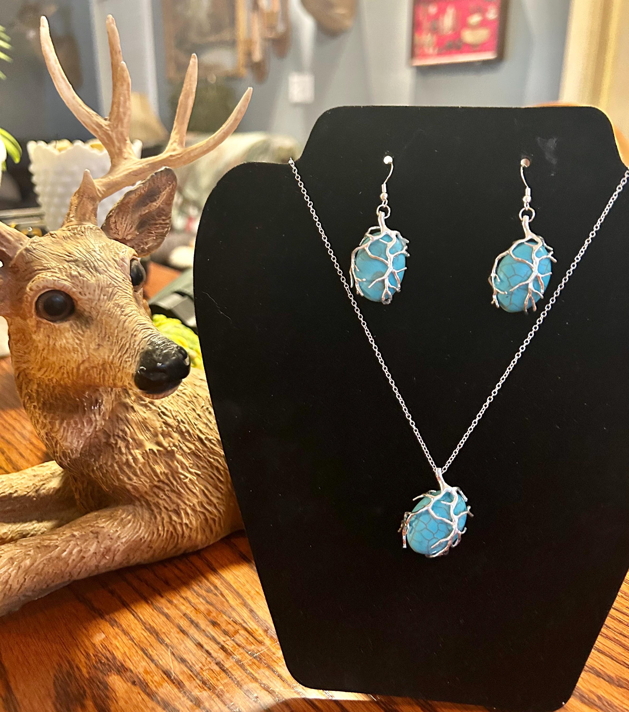 ネイティブアメリカン ターコイズ ボヘミアン ネックレスとイヤリングセット ターコイズとシルバーのボヘミアンイヤリングとネックレスのセット