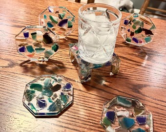 Agate Rectangle Coaster Set – Natural Stone Coasters for Home Décor, Unique Drink Coasters with Gold Trim, Agate Slice Coasters for Rustic