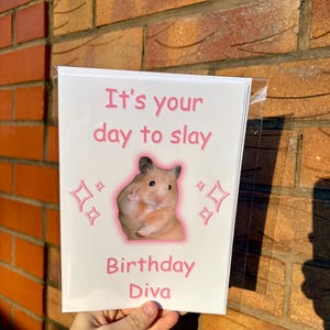 May include: A pink and white birthday card with a hamster wearing a pink shirt and the text "It's your day to slay Birthday Diva".