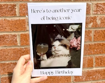 Elegant Cat iconic Birthday card for her, cat with wine glass and tiara