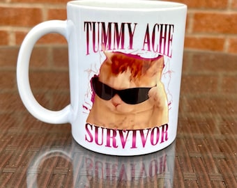 Tummy ache survivor cat meme mug, meme cat, meme gifts for cat lovers