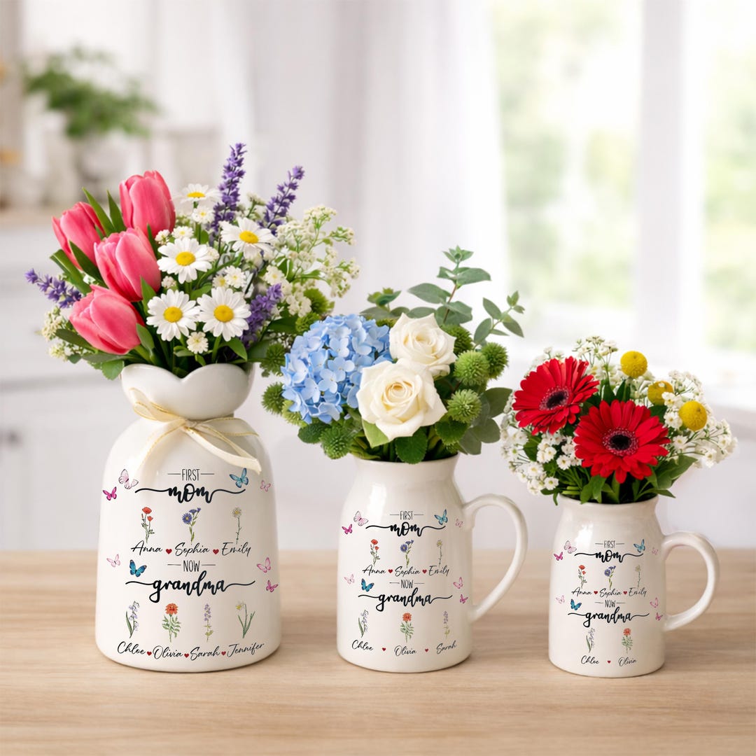 Personalized Birth Flower Vase, First Mom Now Grandma Gift, Custom Name ...