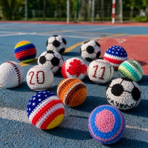 May include: A collection of colorful, crocheted balls, including baseballs, soccer balls, and balls with star and stripe patterns. Some balls have numbers or maple leaf designs. The balls are arranged on a blue and red surface.
