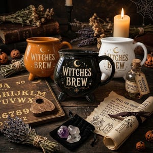 Könnte beinhalten: Drei kesselförmige Keramiktassen in Orange, Schwarz und Weiß, jeweils mit dem Schriftzug "WITCHES BREW" in goldener Schrift und einem Halbmond- und Sternendesign. Die Tassen haben drei kleine Füße und einen Henkel und sind mit einem Geisterbrett, einer Planchette, einer Glasflasche mit der Aufschrift "MANDRAKE EXTRACT", einer Schriftrolle und Kristallen arrangiert.