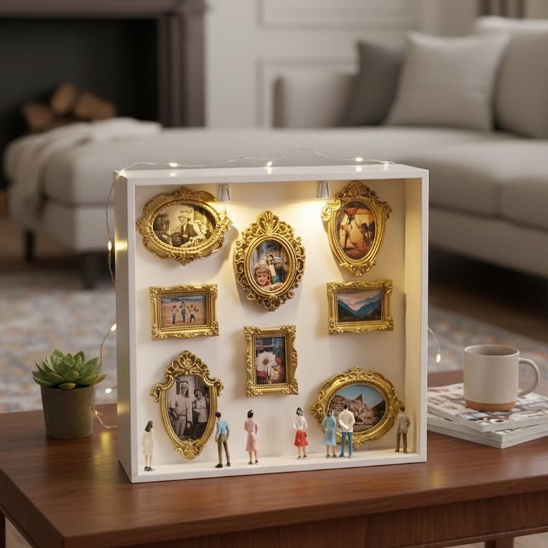 May include: A white shadow box with nine ornate gold picture frames of various sizes. Miniature figures stand in front of the frames. A string of fairy lights is draped across the top of the box. A small potted succulent and a mug are on the table.