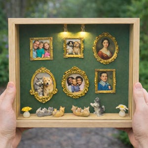 Puede incluir: Una caja de sombra de madera con un fondo verde muestra retratos en miniatura enmarcados y figuritas. Los retratos presentan fotos familiares y pinturas clásicas. Figuras de gatos en miniatura y flores están en un estante en la parte inferior.