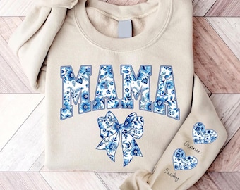 Custom Mama Chinoiserie Coquette Bow Png, Toile De Jouy Mama Bow, Mother's Day, Ribbon Blue Varsity, Gift For Mom, Floral Ribbon Heart Png