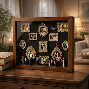 Può includere: Una scatola ombra in legno con una collezione di foto in miniatura incorniciate. Le cornici sono dorate e di varie forme. Piccole figure di persone sono posizionate sotto le cornici, creando un effetto diorama. Sono inclusi anche un uccello rosso e una farfalla viola.