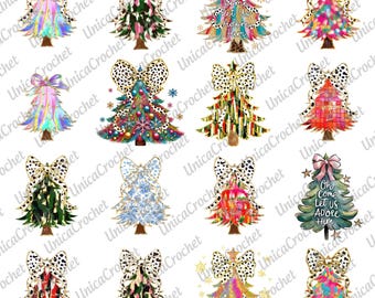 Bundle Girly Christmas Tree  Png, Dalmatian Dots Bow Print, Tree Design Dtf, Christmas Tree Coquette,Colorful Coquette Glitter Christmas Png