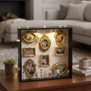 May include: A black shadow box display with nine ornate gold picture frames of various sizes. Miniature figures stand at the base. The display is lit with small lights and sits on a wooden table. A succulent plant and a mug are nearby.