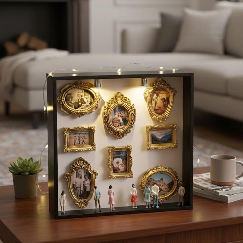 May include: A black shadow box display with nine ornate gold picture frames of various sizes. Miniature figures stand at the base. The display is lit with small lights and sits on a wooden table. A succulent plant and a mug are nearby.