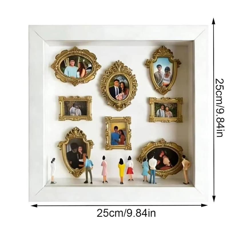 May include: A white shadow box with nine gold-framed pictures, each containing a photograph. The box is 9.84 inches square. Miniature figures are positioned at the bottom of the box, adding a sense of scale and depth to the display.