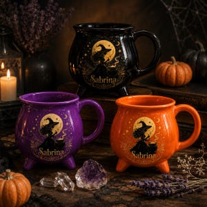 Personalized Witch Cauldron Mug, Custom Name Halloween Ceramic Cup, Gothic Witchy Coffee Mug, Halloween Gift for Her