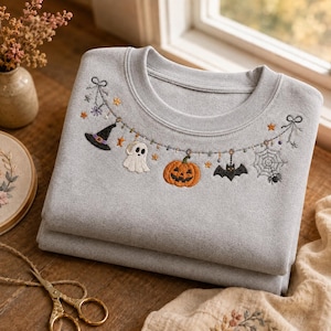 Broderad Halloween-tröja, söt läskig girlang-rundkrage, broderad spökpumpa-fladdermus, häxig hösttröja, Halloween-gåva