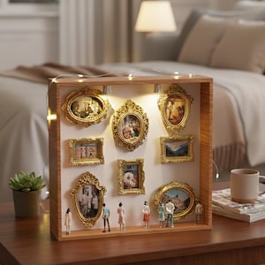 May include: A wooden shadow box with nine ornate, gold-colored picture frames, each containing a small image. Miniature figures stand on a shelf below the frames. The box is lit with small fairy lights.