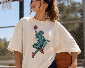Statue of Liberty Basketball Comfort Tee, NYC Streetwear Graphic Tee, Basketball Fan Gift, Sporty Casual Outfit, Game Day Tee Gift