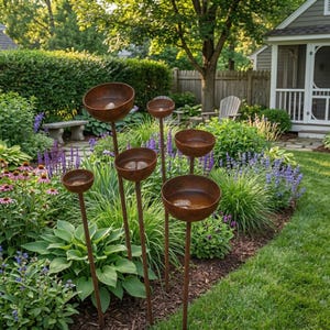 Puede incluir: Seis esculturas de jardín de metal oxidado, cada una con una parte superior en forma de cuenco sobre un tallo delgado. Están dispuestas en un parterre con flores y vegetación vibrantes. Las esculturas añaden un elemento decorativo único.