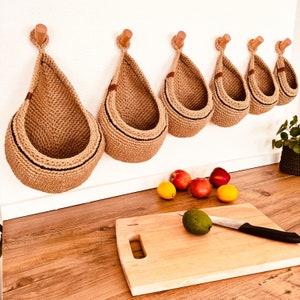 Jute Basket with Black Stripe, Wall Hanging Kitchen Organizer, Vegetable & Fruit Storage, Boho Kitchen Decor