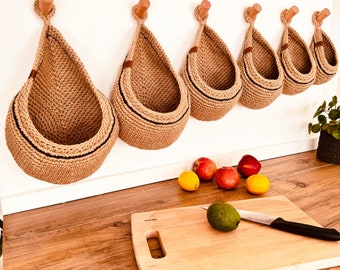 Cesta de yute con rayas negras, organizador de cocina colgante de pared, almacenamiento de frutas y verduras, decoración de cocina bohemia