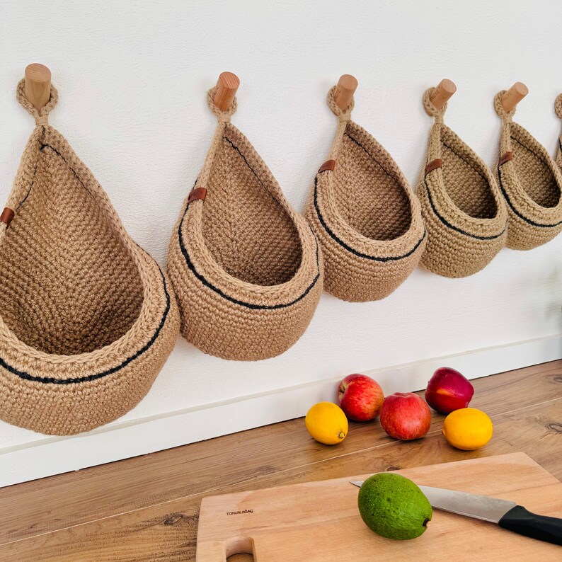 Jute Basket With Black Stripe, Wall Hanging Kitchen Organizer