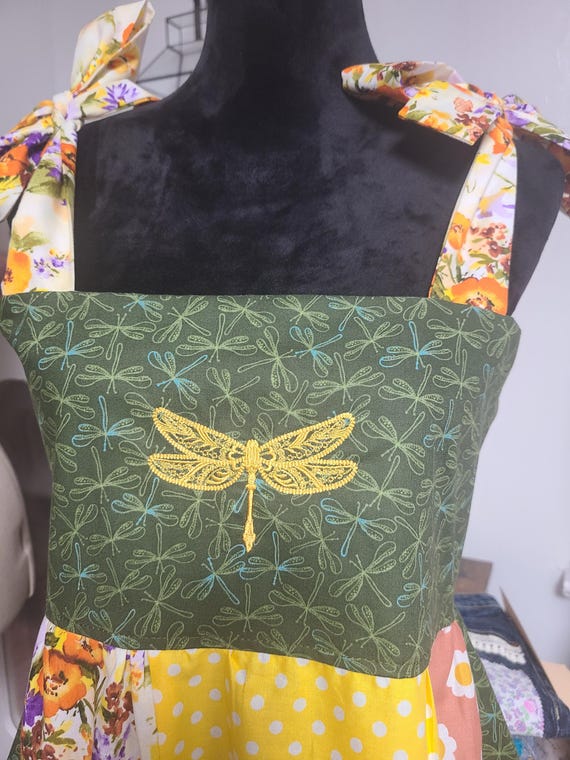 Handmade Patchwork Sundress with Dragonfly Embroi… - image 3
